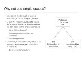 Why not use simple queues?
• One could model such a system
with one (or more) simple queues...
• ... but the model would not be able
to ‘answer’ some of the questions
we can pose to the previous models
• What if t is unknown?
• Only aggregate quantities are
managed
• No heterogeneity
• Moreover, it would be very diﬃcult to
manage more complex situations,
in terms of:
• Environmental structure
Pedestrian
in the lecture
hall
Exit
(one pedestrian
every t ms)
Exit
(one pedestrian
every t ms)
 