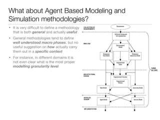 What about Agent Based Modeling and
Simulation methodologies?
• It is very diﬃcult to deﬁne a methodology
that is both general and actually useful
• General methodologies tend to deﬁne
well understood macro phases, but no
useful suggestion on how actually carry
them out in a speciﬁc context
• For instance, in diﬀerent domains it is
not even clear what is the most proper
modelling granularity level
 