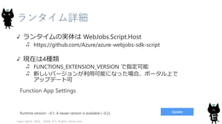 ランタイム詳細
ランタイムの実体は WebJobs.Script.Host
https://github.com/Azure/azure-webjobs-sdk-script
現在は4種類
FUNCTIONS_EXTENSION_VERSION で指定可能
新しいバージョンが利用可能になった場合、ポータル上で
アップデート可
Copyright© 2016, JAZUG All Rights Reserved.
31
 