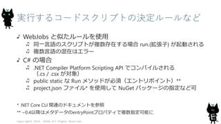 実行するコードスクリプトの決定ルールなど
WebJobs と似たルールを使用
同一言語のスクリプトが複数存在する場合 run.{拡張子} が起動される
複数言語の混在はエラー
C# の場合
.NET Compiler Platform Scripting API でコンパイルされる
（.cs / .csx が対象）
public static な Run メソッドが必須（エントリポイント）**
project.json ファイル* を使用して NuGet パッケージの指定など可
* .NET Core CLI 関連のドキュメントを参照
** ~0.4以降はメタデータのentryPointプロパティで複数指定可能に
Copyright© 2016, JAZUG All Rights Reserved.
41
 