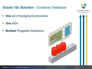 Schema Consolidation - Challenges
8
 Name Collisions
 Same schema name or same public synonym name
 Security
 DBA can access data of both applications
 Upgrades
 You cannot patch/upgrade only one schema
 Point-In-Time Recovery
 Impossible to perform schema level point-in-time recovery
 