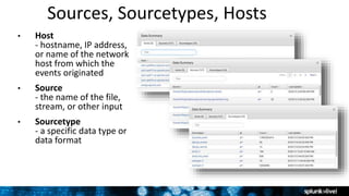 Sources, Sourcetypes, Hosts
• Host
- hostname, IP address,
or name of the network
host from which the
events originated
• Source
- the name of the file,
stream, or other input
• Sourcetype
- a specific data type or
data format
 
