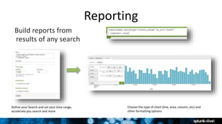 Reporting
results of any search
Define your Search and set your time range,
accelerate you search and more
Choose the type of chart (line, area, column, etc) and
other formatting options
Build reports from
 