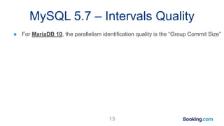 MySQL 5.7 – Intervals Quality
● For MariaDB 10, the parallelism identification quality is the “Group Commit Size”
13
 