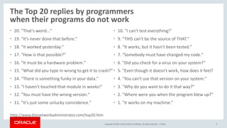 Copyright	©	2016, Oracle	and/or	its	affiliates.	All	rights	reserved.		|
The	Top	20	replies	by	programmers	
when	their	programs	do	not	work
• 20.	"That's	weird..."
• 19.	"It's	never	done	that	before."
• 18.	"It	worked	yesterday."
• 17.	"How	is	that	possible?"
• 16.	"It	must	be	a	hardware	problem."
• 15.	"What	did	you	type	in	wrong	to	get	it	to	crash?"
• 14.	"There	is	something	funky	in	your	data."
• 13.	"I	haven't	touched	that	module	in	weeks!"
• 12.	"You	must	have	the	wrong	version."
• 11.	"It's	just	some	unlucky	coincidence."
• 10.	"I	can't	test	everything!"
• 9.	"THIS	can't	be	the	source	of	THAT."
• 8.	"It	works,	but	it	hasn't	been	tested."
• 7.	"Somebody	must	have	changed	my	code."
• 6.	"Did	you	check	for	a	virus	on	your	system?"
• 5.	"Even	though	it	doesn't	work,	how	does	it	feel?
• 4.	"You	can't	use	that	version	on	your	system."
• 3.	"Why	do	you	want	to	do	it	that	way?"
• 2.	"Where	were	you	when	the	program	blew	up?"
• 1.	"It	works	on	my	machine."
Public 8
http://www.thenetworkadministrator.com/top20.htm
 