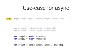 Use-case for async
var result = combineImages(image1, image2);
C#
var promise1 = loadImageAsync(name1);
var promise2 = loadImageAsync(name2);
var image1 = await promise1;
var image2 = await promise2;
async Task<Image> loadImageAsync(String name) { … }
 