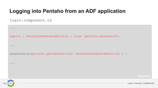 Learn. Connect. Collaborate.
Logging into Pentaho from an ADF application
login.component.ts
...
import { PentahoDashboardService } from 'pentaho-dashboard';
...
constructor(private pentahoService: PentahoDashboardService) { }
...
Typescript
 
