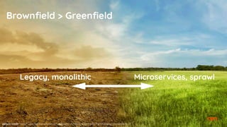 Brownfield > Greenfield
picture credit: https://www.apstra.com/home/landscape-of-meadow-field-with-the-changing-environment-2/
Legacy, monolithic Microservices, sprawl
 