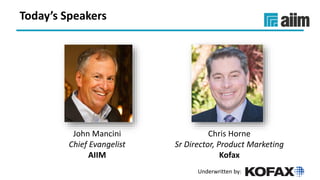 Underwritten by:
John Mancini
Chief Evangelist
AIIM
Chris Horne
Sr Director, Product Marketing
Kofax
Today’s Speakers
 