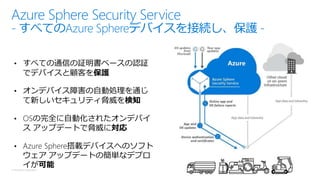 © Microsoft Corporation
Azure Sphere Security Service
- すべてのAzure Sphereデバイスを接続し、保護 -
• すべての通信の証明書ベースの認証
でデバイスと顧客を保護
• オンデバイス障害の自動処理を通じ
て新しいセキュリティ脅威を検知
• OSの完全に自動化されたオンデバイ
ス アップデートで脅威に対応
• Azure Sphere搭載デバイスへのソフト
ウェア アップデートの簡単なデプロ
イが可能
 