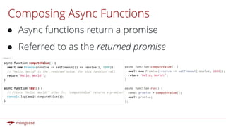 Composing Async Functions
● Async functions return a promise
● Referred to as the returned promise
 