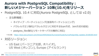 © 2018, Amazon Web Services, Inc. or its Affiliates. All rights reserved.
Aurora with PostgreSQL Compatibility：
新しいメジャーバージョン 10系(10.4)をリリース
• PostgreSQL 10.4 に対応(Aurora PostgreSQL としては v2.0)
– 主な新機能：
• ネイティブ・パーティショニング(宣言的パーティショニング)
• パラレルクエリ強化(パラレルクエリに対応するScan方式、Join方式の追加)
• postgres_fdw強化(リモートサーバでの集約に対応)
→その他： https://docs.aws.amazon.com/AmazonRDS/latest/AuroraUserGuide/AuroraPostgreSQL.Updates.20180305.html
• 対応リージョン:
– US East (バージニア北部, オハイオ),
US West (オレゴン), Europe (アイルランド)
詳細： https://aws.amazon.com/jp/about-aws/whats-new/2018/09/amazon-aurora-postgresql-compatibility-supports-postgresql104/
 