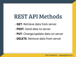 REST API Methods
- GET: Retrieve data from server
- POST: Send data to server
- PUT: Change/update data on server
- DELETE: Remove data from server
 
