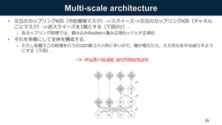 Multi-scale architecture
• 交互のカップリングK回（市松模様マスク）->スクイーズ->交互のカップリングK回（チャネル
ごとマスク）->逆スクイーズを1層とする（下図の𝑓） ．
– 各カップリング処理では，畳み込みResNet+重み正規化+バッチ正規化
• それを多層にして全体を構成する．
– ただし各層でこの処理を行うのは計算コスト的に辛いので，層が増えたら，入力次元を半分減らすよう
にする（下図）．
-> multi-scale architecture
34
 