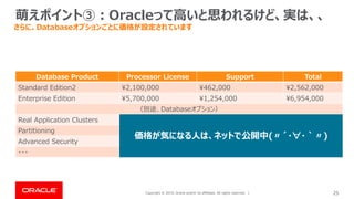 Copyright © 2019, Oracle and/or its affiliates. All rights reserved. | 25
萌えポイント③：Oracleって高いと思われるけど、実は、、
さらに、Databaseオプションごとに価格が設定されています
Database Product Processor License Support Total
Standard Edition2 ¥2,100,000 ¥462,000 ¥2,562,000
Enterprise Edition ¥5,700,000 ¥1,254,000 ¥6,954,000
（別途、Databaseオプション）
Real Application Clusters
Partitioning
Advanced Security
・・・
価格が気になる人は、ネットで公開中(〃´・∀・｀〃)
 