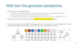 32
NAS from the generator perspective
• The rules of the NAS generator:
• A cell always accepted the activations of the outputs nodes from the 2 immediately preceeding cells.
• Each cell contains 5 nodes that are wired to 2 and only 2 existing nodes
• All nodes that have no output in a cell are concatenated by an extra node to form a valid DAG for the cell.
• Network space 𝒩 has been carefully restricted by hand-designed rules
• The manual design in the NAS network generator is a strong prior, which represents a meta-
optimization beyond the search over 𝜃 (by RL), and 𝑠 (by random search)
 