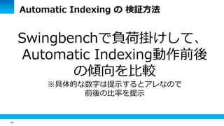 19
Swingbenchで負荷掛けして、
Automatic Indexing動作前後
の傾向を比較
※具体的な数字は提示するとアレなので
前後の比率を提示
Automatic Indexing の 検証方法
 