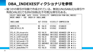 26
DBA_INDEXESディクショナリを参照
 幾つかの索引が自動で作成されている。無効(UNUSABLE)な索引や
有効(VALID)でもINVISIBLE(不可視)な索引もある。
SELECT INDEX_NAME, AUTO, STATUS, VISIBILITY, COMPRESSION FROM DBA_INDEXES
WHERE OWNER = 'SOE' ORDER BY INDEX_NAME;
INDEX_NAME AUT STATUS VISIBILIT COMPRESSION
------------------------------ --- -------- --------- -------------
ADDRESS_PK NO VALID VISIBLE DISABLED
CARD_DETAILS_PK NO VALID VISIBLE DISABLED
：
SYS_AI_20tjdcuwznyhx YES VALID INVISIBLE ADVANCED LOW ★コレ
SYS_AI_2s9jaak2smbq4 YES UNUSABLE INVISIBLE ADVANCED LOW ★コレ
SYS_AI_3z00frhp9vd91 YES VALID INVISIBLE ADVANCED LOW ★コレ
SYS_AI_4bz3nuupj3kt5 YES VALID VISIBLE ADVANCED LOW ★コレ
SYS_AI_5p2zapcmkj174 YES VALID VISIBLE ADVANCED LOW ★コレ
SYS_AI_b9k5zyq0mjwf5 YES UNUSABLE INVISIBLE ADVANCED LOW ★コレ
SYS_AI_dt4w4vr174j9m YES N/A VISIBLE ADVANCED LOW ★コレ
SYS_AI_gbwwy984mc1ft YES VALID VISIBLE ADVANCED LOW ★コレ
 