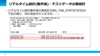74
リアルタイム統計(動作後)・テストデータの表統計
 リアルタイム統計動作後の表統計(DBA_TAB_STATISTICS)は
下記の通り、何か追加されてますね……。
ALTER SESSION SET NLS_DATE_FORMAT = 'YYYY/MM/DD HH24:MI:SS';
SELECT TABLE_NAME, NUM_ROWS, LAST_ANALYZED, NOTES
FROM DBA_TAB_STATISTICS
WHERE TABLE_NAME = 'STATISTICS_TEST'
AND OWNER = 'AYSHIBAT';
TABLE_NAME NUM_ROWS LAST_ANALYZED NOTES
------------------------------ ---------- ------------------- -------------------------
STATISTICS_TEST 10000 2019/12/03 07:56:18
STATISTICS_TEST 10100 2019/12/03 07:59:20 STATS_ON_CONVENTIONAL_DML
 
