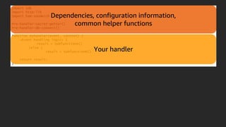 Anatomy of a Lambda functionImport sdk
Import http-lib
Import ham-sandwich
Pre-handler-secret-getter()
Pre-handler-db-connect()
Function myhandler(event, context) {
<Event handling logic> {
result = SubfunctionA()
}else {
result = SubfunctionB()
return result;
}
Your handler
Dependencies, configuration information,
common helper functions
 
