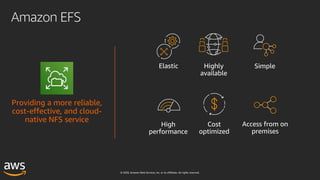 © 2020, Amazon Web Services, Inc. or its affiliates. All rights reserved.
Providing a more reliable,
cost-effective, and cloud-
native NFS service
Amazon EFS
 