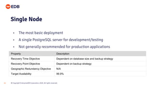 © Copyright EnterpriseDB Corporation, 2020. All rights reserved.12
• The most basic deployment
• A single PostgreSQL server for development/testing
• Not generally recommended for production applications
Single Node
Property Description
Recovery Time Objective Dependent on database size and backup strategy
Recovery Point Objective Dependent on backup strategy
Geographic Redundancy Objective N/A
Target Availability 99.9%
 