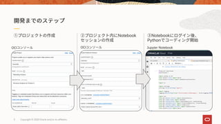 5 Copyright © 2020 Oracle and/or its affiliates.
Notebook
Python
Notebook
OCI OCI Jupyter Notebook
 