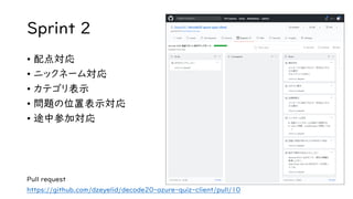 Sprint 2
• 配点対応
• ニックネーム対応
• カテゴリ表示
• 問題の位置表示対応
• 途中参加対応
https://github.com/dzeyelid/decode20-azure-quiz-client/pull/10
Pull request
 