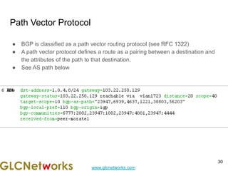 www.glcnetworks.com
Path Vector Protocol
● BGP is classified as a path vector routing protocol (see RFC 1322)
● A path vector protocol defines a route as a pairing between a destination and
the attributes of the path to that destination.
● See AS path below
30
 