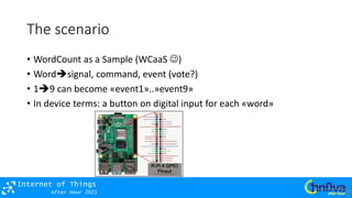 After Hour 2021
Internet of Things
The scenario
• WordCount as a Sample (WCaaS )
• Wordsignal, command, event (vote?)
• 19 can become «event1»..»event9»
• In device terms: a button on digital input for each «word»
 