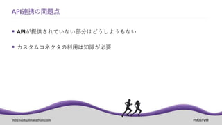 m365virtualmarathon.com #M365VM
 APIが提供されていない部分はどうしようもない
 カスタムコネクタの利用は知識が必要
API連携の問題点
 