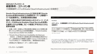 ⼤規模基幹システムをOracle Cloud Infrastructureに全⾯移⾏
Oracle Cloud Infrastructure上に⾃社主導でOracle
Exadataを含む100台以上の仮想化サーバーと物理サー
バーを全⾯移⾏し、災害復旧環境も構築
東京・⼤阪の2拠点で合計200以上のコンピュート・インス
タンス、2つのOracle Exadata Cloud Serviceを活⽤し
た基幹システムが稼働。スピード経営に不可⽋なシステム
変⾰を加速
• 店舗、本部、在庫および物流業務の基盤となる⼤規模な基
幹システムの移⾏およびDR環境構築に、「Oracle Exadata
Cloud Service」を含む「OCI」を選定
• 「Oracle Cloud Maximum Availability Architecture
（MAA）」で推奨される最適な⾼可⽤性構成を実装するこ
とで、24時間365⽇稼働する基幹システムに不可⽋な⾼いレ
ベルの可⽤性とデータ保護を実現し、事業継続性を強化
• 3時間以内で確実なデータベース移⾏に成功
（プレスリリースより抜粋）
2021/3/1 プレスリリース
顧客事例︓エディオン様
Copyright © 2021, Oracle and/or its affiliates
22
https://www.oracle.com/jp/corporate/pressrelease/jp20210301.html
 