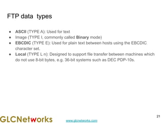 www.glcnetworks.com
FTP data types
● ASCII (TYPE A): Used for text
● Image (TYPE I, commonly called Binary mode)
● EBCDIC (TYPE E): Used for plain text between hosts using the EBCDIC
character set.
● Local (TYPE L n): Designed to support file transfer between machines which
do not use 8-bit bytes, e.g. 36-bit systems such as DEC PDP-10s.
21
 