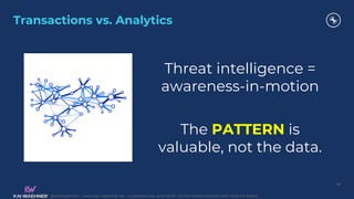 @KaiWaehner - www.kai-waehner.de – Cybersecurity and SIEM / SOAR Modernization with Apache Kafka
Transactions vs. Analytics
55
Threat intelligence =
awareness-in-motion
The PATTERN is
valuable, not the data.
 