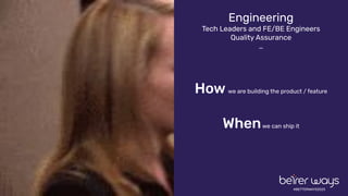 #BETTERWAYS2023
Engineering
Tech Leaders and FE/BE Engineers
Quality Assurance
…
How we are building the product / feature
Whenwe can ship it
 