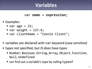 11
Variables
var name = expression;
• Examples:
 var age = 32;
 var weight = 127.4;
 var clientName = "Connie Client";
• variables are declared with var keyword (case sensitive)
• types not specified, but JS does have types
 Number, Boolean, String, Array, Object, Function,
Null, Undefined
 can find out a variable's type by calling typeof
 