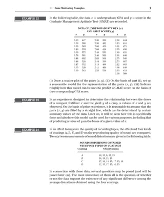 1.1 Some Motivating Examples 7
EXAMPLE 22 In the following table, the data x = undergraduate GPA and y = score in the
Graduate Management Aptitude Test (GMAT) are recorded.
DATA OF UNDERGRADUATE GPA (x)
AND GMAT SCORE (y)
x y x y x y
3.63 447 2.36 399 2.80 444
3.59 588 2.36 482 3.13 416
3.30 563 2.66 420 3.01 471
3.40 553 2.68 414 2.79 490
3.50 572 2.48 533 2.89 431
3.78 591 2.46 509 2.91 446
3.44 692 2.63 504 2.75 546
3.48 528 2.44 336 2.73 467
3.47 552 2.13 408 3.12 463
3.35 520 2.41 469 3.08 440
3.39 543 2.55 538 3.03 419
3.00 509
(i) Draw a scatter plot of the pairs (x, y). (ii) On the basis of part (i), set up
a reasonable model for the representation of the pairs (x, y). (iii) Indicate
roughly how this model can be used to predict a GMAT score on the basis of
the corresponding GPA score.
EXAMPLE 23 In an experiment designed to determine the relationship between the doses
of a compost fertilizer x and the yield y of a crop, n values of x and y are
observed. On the basis of prior experience, it is reasonable to assume that the
pairs (x, y) are ﬁtted by a straight line, which can be determined by certain
summary values of the data. Later on, it will be seen how this is speciﬁcally
done and also how this model can be used for various purposes, including that
of predicting a value of y on the basis of a given value of x.
EXAMPLE 24 In an effort to improve the quality of recording tapes, the effects of four kinds
of coatings A, B, C, and D on the reproducing quality of sound are compared.
Twentytwomeasurementsofsounddistortionsaregiveninthefollowingtable.
SOUND DISTORTIONS OBTAINED
WITH FOUR TYPES OF COATINGS
Coating Observations
A 10, 15, 8, 12, 15
B 14, 18, 21, 15
C 17, 16, 14, 15, 17, 15, 18
D 12, 15, 17, 15, 16, 15
In connection with these data, several questions may be posed (and will be
posed later on). The most immediate of them all is the question of whether
or not the data support the existence of any signiﬁcant difference among the
average distortions obtained using the four coatings.
 