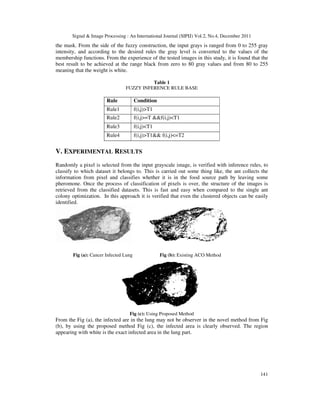 Signal & Image Processing : An International Journal (SIPIJ) Vol.2, No.4, December 2011
141
the mask. From the side of the fuzzy construction, the input grays is ranged from 0 to 255 gray
intensity, and according to the desired rules the gray level is converted to the values of the
membership functions. From the experience of the tested images in this study, it is found that the
best result to be achieved at the range black from zero to 80 gray values and from 80 to 255
meaning that the weight is white.
Table 1
FUZZY INFERENCE RULE BASE
Rule Condition
Rule1 f(i,j)>T1
Rule2 f(i,j>=T &&f(i,j)<T1
Rule3 f(i,j)<T1
Rule4 f(i,j)>T1&& f(i,j)<=T2
V. EXPERIMENTAL RESULTS
Randomly a pixel is selected from the input grayscale image, is verified with inference rules, to
classify to which dataset it belongs to. This is carried out some thing like, the ant collects the
information from pixel and classifies whether it is in the food source path by leaving some
pheromone. Once the process of classification of pixels is over, the structure of the images is
retrieved from the classified datasets. This is fast and easy when compared to the single ant
colony optimization. In this approach it is verified that even the clustered objects can be easily
identified.
Fig (a): Cancer Infected Lung Fig (b): Existing ACO Method
Fig (c): Using Proposed Method
From the Fig (a), the infected are in the lung may not be observer in the novel method from Fig
(b), by using the proposed method Fig (c), the infected area is clearly observed. The region
appearing with white is the exact infected area in the lung part.
 