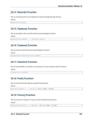 Ring Documentation, Release 1.6
32.14 Rewind() Function
We can set the ﬁle position to the beginning of the ﬁle using the Rewind() function
Syntax:
Rewind(file handle)
32.15 Fgetpos() Function
We can get handle to the current ﬁle position using the Fgetpos() function
Syntax:
Fgetpos(file handle) ---> position handle
32.16 Fsetpos() Function
We can set the current ﬁle position using the Fgetpos() function
Syntax:
Fsetpos(file handle,position handle)
32.17 Clearerr() Function
We can clear the EOF error and the error indicators of a stream using the clearerr() function
Syntax:
Clearerr(file handle)
32.18 Feof() Function
We can test the end-of-ﬁle indicator using the Feof() function
Syntax:
Feof(file handle) ---> returns 1 if EOF and 0 if not
32.19 Ferror() Function
We can test the error indicator of a given stream using the Ferror() function
Syntax:
Ferror(file handle) ---> returns 1 if error and 0 if not
32.14. Rewind() Function 242
 