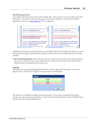 Reviewing Materials          124



      The File Content View
      To the right of the chat session, there is the main file view. This is where you can view file content and
      differences. The format of the main file on your local Code Collaborator screen may be different
      depending on how your user preferences 98 are configured.




      If differences are being shown, the interface automatically scrolls to the first difference (unless you got to
      this screen by clicking on a particular line number, in which case the screen will be centered on that line
      number).
      · Over-under Comparison - Below the file content is a small area which shows the currently selected
        line in over-under view. This is most useful when the content view is in side-by-side mode, but the
        differences are not immediately clear in that view.

      Legends
      The differences are noticeably highlighted and color coded as explained by the legend. To view the
      legend, click on "Help" then "Legend," and a pop-up box should appear.




      The diff view is completely navigable from the keyboard. You can move around the file, jump to
      changes, and make comments and defects. To get the list of keyboard shortcuts, click the "Help" link in
      the menu bar, then "Keyboard Shortcuts."




© 2003-2009 Smart Bear Inc.
 