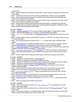 415      Appendices


   command-line
 · fixed — URL encoding error externalizing a defect when a quote character appeared in the defect text
   (Case 35638)
 · fixed — Comment promotion error with comments on deleted files in rolled-up view (Case 35698)
 · fixed — Some custom reports views were not available under Oracle when custom field titles were
   longer than 30 characters (Case 35420)
 · fixed — User preference for "start with latest" versus "start with base" not being honored with mixture
   of local and committed changelists (Case 35597)
 · fixed — Not properly encoding control characters (below 0x20 ASCII) in database dump XML files
 · fixed — Installing server component multiple times switching databases between embedded and SQL
   Server causes invalid configuration (Case 35488)

 v2.1.725 — 08/01/07
 · added — Variable substitutions 88 for review and defect custom fields 73 (Cases 35552, 35556)
 · added — Now only administrators can un-cancel a canceled review (Case 35502)
 · fixed — Next/Prev buttons broken in the New Review Wizard 104 (regression from build 724) (Case
   35491)
 · fixed — Default values for defect custom fields not showing up under IE 6 in the side-by-side view chat
    131 area (Case 35551)

 · fixed — User could download file content from the /data servlet without login credentials (Case
   35580)
 · fixed — User preference 95 for whether to display "previous" or "base" version by default in side-by-
   side view was selecting the wrong thing with files not under version control (Case 35476)
 · fixed — ccollab addchangelist 336 with Subversion 324 puts the wrong text in the title of the review if the
   changelist description starts with the letter "r" (Case 35452)
 · fixed — ccollab addchanges 261 with ClearCase 257 invoked from different subdirectories can
   insert "." path components thereby making comments not promote across versions properly (Case
   35575)
 · fixed — Server installer was not setting the LDAP system administrator property (Case 35477)
 v2.1.724 — 07/23/07
 · added — Support for Unicode text files in the diff viewer 121
 · added — Multiple conversations for binary files in side-by-side view
 · added — Support for Python and Visual Basic syntax coloring in the side-by-side view (Case 35427)
 · added — Support for the UltraCompare textual diff file format 162 (Case 35343)
 · added — Subversion trigger for creating a review 339 should allow for setting the review title and
   overview text (Case 35252)
 · fixed — Double-clicking the "Accept" button when there's text in the comment box can result in
   duplication of the comment and "Accept" text in the conversation history (Case 35384)
 · fixed — ccollab addcvsdiffs 180 doesn't use absolute RCS server paths when a file has
   been added (Case 35345)
 · fixed — Review title limited to 128 characters when editing review information after the review has
   started, whereas the limit is 255 when creating a new review (Case 35399)
 · fixed — External bug URL 52 link was not honoring BUGSUBJECT or BUGID special fields (Case
   35419)
 · fixed — Files now sorted case-insensitive (Case 34511)
 v2.1.723 — 07/13/07
 · added — New command-line command ccollab addfiles 176 for uploading files not under
   version control (Case 35268)
 · added — Display the official, permanent link to a review at the top of the Review Summary 112 page
   (Case 35277)
 · added -- Now supports Eclipse v3.3; changes include: Removed hidden popup that was making help
   content invisible, Removed byte order mark in Eclipse help

                                                                                         © 2003-2009 Smart Bear Inc.
 