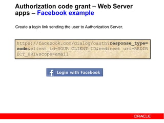 https://facebook.com/dialog/oauth?response_type=
code&client_id=YOUR_CLIENT_ID&redirect_uri=REDIR
ECT_URI&scope=email
Authorization code grant – Web Server
apps – Facebook example
Create a login link sending the user to Authorization Server.
 
