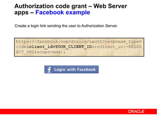 https://facebook.com/dialog/oauth?response_type=
code&client_id=YOUR_CLIENT_ID&redirect_uri=REDIR
ECT_URI&scope=email
Authorization code grant – Web Server
apps – Facebook example
Create a login link sending the user to Authorization Server.
 
