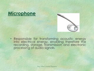 Microphone
 Responsible for transforming acoustic energy
into electrical energy, enabling therefore the
recording, storage, transmission and electronic
processing of audio signals.
Ing. Alba Lissette Peguero
 