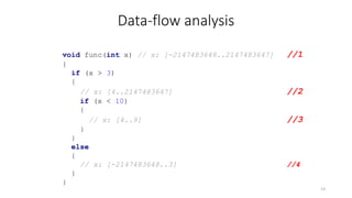 Data-flow analysis
void func(int x) // x: [-2147483648..2147483647] //1
{
if (x > 3)
{
// x: [4..2147483647] //2
if (x < 10)
{
// x: [4..9] //3
}
}
else
{
// x: [-2147483648..3] //4
}
}
13
 