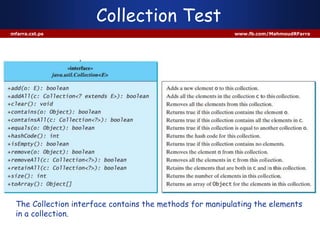 Collection Test
mfarra.cst.ps www.fb.com/MahmoudRFarra
The Collection interface contains the methods for manipulating the elements
in a collection.
 