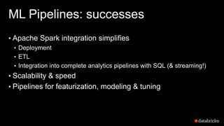 ML Pipelines: successes
• Apache Spark integration simplifies
• Deployment
• ETL
• Integration into complete analytics pipelines with SQL (& streaming!)
• Scalability & speed
• Pipelines for featurization, modeling & tuning
 