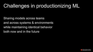 Challenges in productionizing ML
Sharing models across teams
and across systems & environments
while maintaining identical behavior
both now and in the future
 