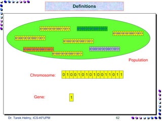 Definitions



                   0100101010011011         0100101010011011
                                                               0100101010011011
    0100101010011011
                                  0100101010011011


         0100101010011011                         0100101010011011
                             0100101010011011

                                                                       Population


             Chromosome:          0100101010011011




               Gene:                  1



Dr. Tarek Helmy, ICS-KFUPM                                      62
 