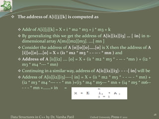 28
 The address of A[i][j][k] is computed as
 Addr of A[i][j][k] = X + i * m2 * m3 + j * m3 + k
 By generalizing this we get the address of A[i1][i2][i3] … [ in] in n-
dimensional array A[m1][m2][m3]. ….[ mn ]
 Consider the address of A [0][0][0]…..[0] is X then the address of A
[i][0][0]….[0] = X + (i1 * m2 * m3 * - - -- - * mn ) and
 Address of A [i1][i2] …. [0] = X + (i1 * m2 * m3 * - -- - *mn ) + (i2 *
m3 * m4 *--- * mn)
 Continuing in a similar way, address of A[i1][i2][i3]- - - -[ in] will be
 Address of A[i1][i2][i3]----[ in] = X + (i1 * m2 * m3 * - - -- - * mn) +
(i2 * m3 * m4 *--- - - * mn )+(i3 * m4 * m5--- * mn + (i4 * m5 * m6--
- - - * mn +…….+ in =
Data Structures in C++ by Dr. Varsha Patil Oxford University Press © 2012
 